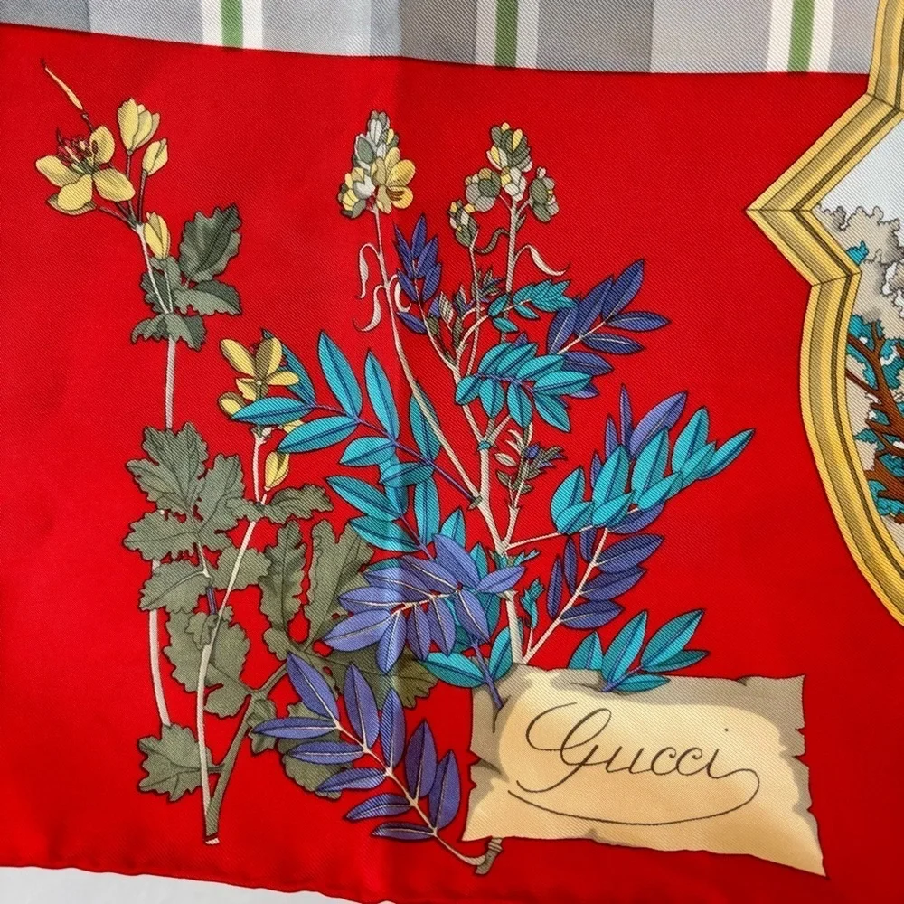 GUCCI Vintage Silk Scarf 34” Red Equestrian Hunting Print Italy